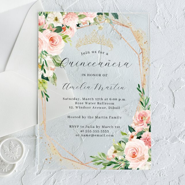 Geo Pink Floral Clear Acrylic Floral Quinceanera  Invitations (Creator Uploaded)