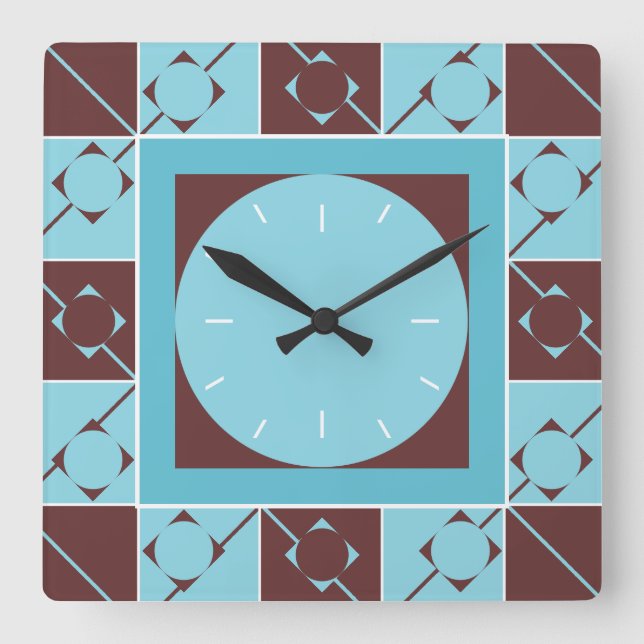 Geo Plaid Blue/Brown Square Wall Clock (Front)