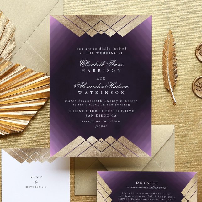 Geo Purple Gold Gatsby Calligraphy Wedding Invitation (Creator Uploaded)