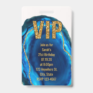 Geode Agate Blue Gold Birthday VIP Pass Invitation ID Badge