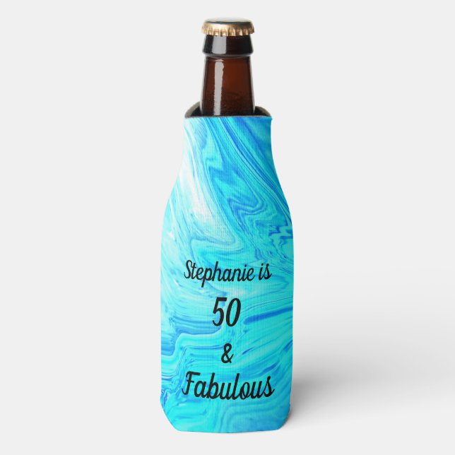 Geode Agate Blue Pattern 50 And Fabulous Birthday Bottle Cooler (Bottle Front)