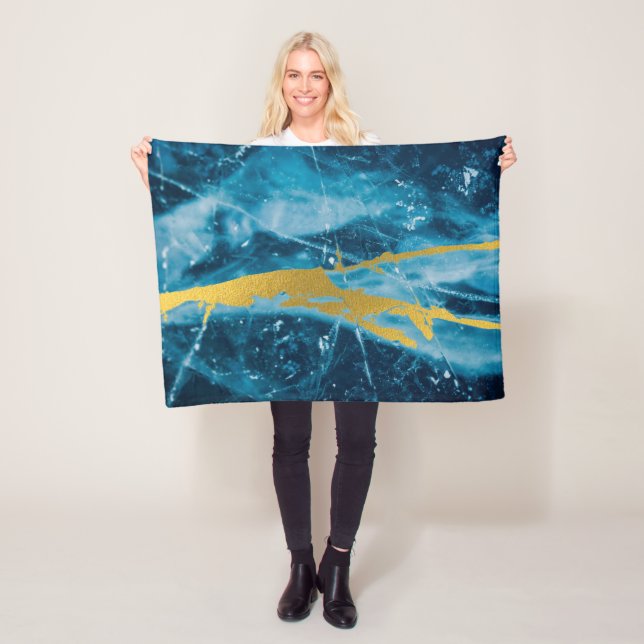 Geode Agate Gemstone Blue and Gold Fleece Blanket (In Situ)