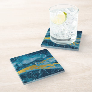 Geode Agate Gemstone Blue and Gold Glass Coaster