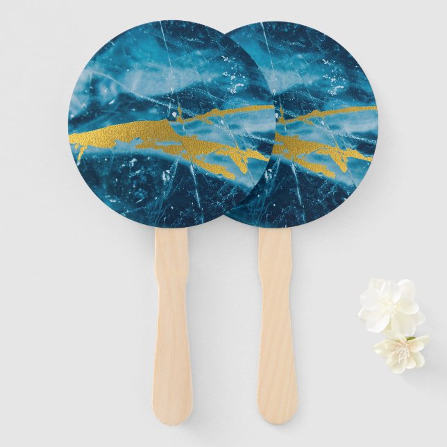 Geode Agate Gemstone Blue and Gold Hand Fan (Front and Back)