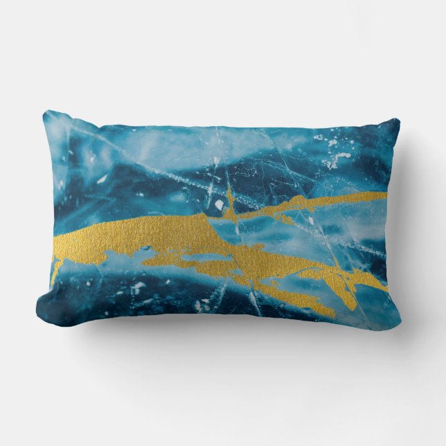 Geode Agate Gemstone Blue and Gold Lumbar Cushion (Front)