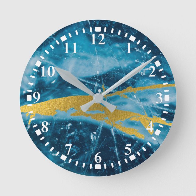 Geode Agate Gemstone Blue and Gold Round Clock (Front)