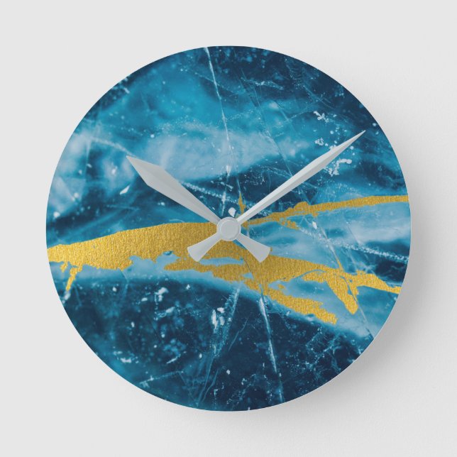 Geode Agate Gemstone Blue and Gold Round Clock (Front)