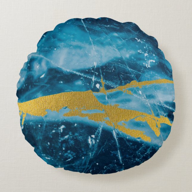 Geode Agate Gemstone Blue and Gold Round Cushion (Front)