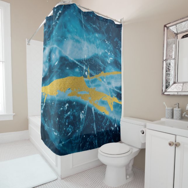 Geode Agate Gemstone Blue and Gold Shower Curtain (In Situ)