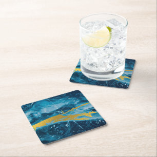 Geode Agate Gemstone Blue and Gold Square Paper Coaster