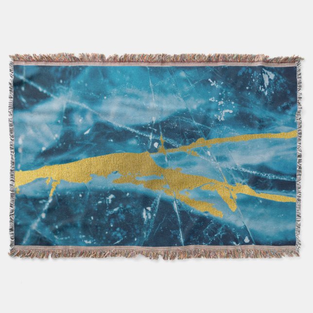 Geode Agate Gemstone Blue and Gold Throw Blanket (Front)