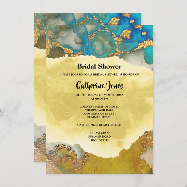 Geode chic gold blue agate watercolor bridal invitation (Front/Back)