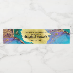 Geode faux gold blue agate watercolor peacock chic water bottle label