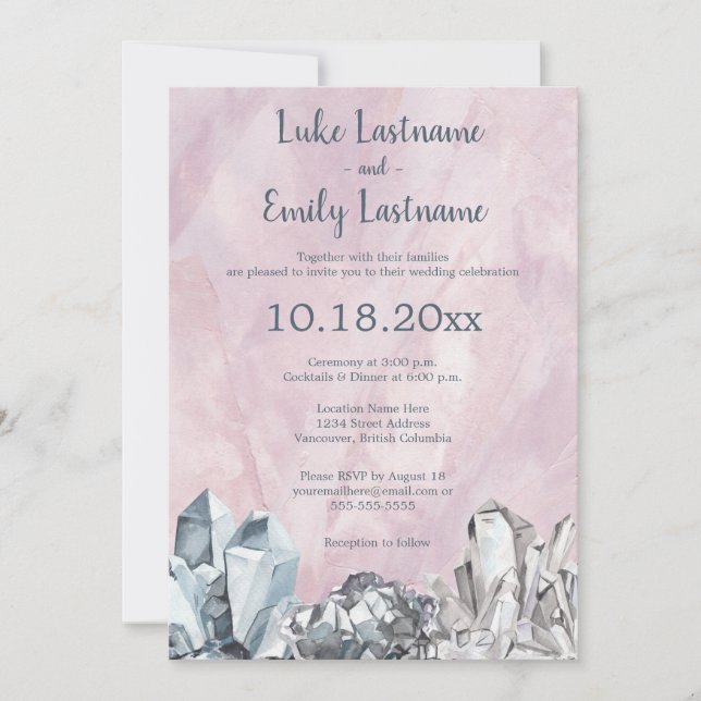 Geode & Gemstones in Pink Watercolour Wedding Invitation (Front)