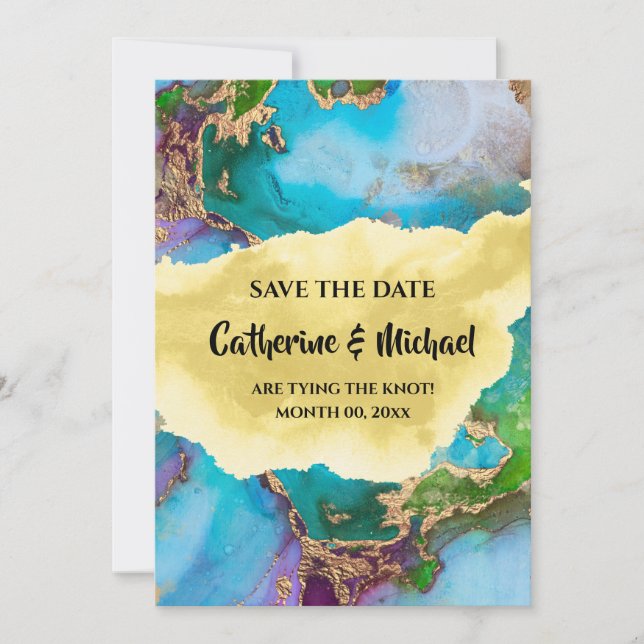 Geode modern faux gold abstract gemstone peacock holiday card (Front)