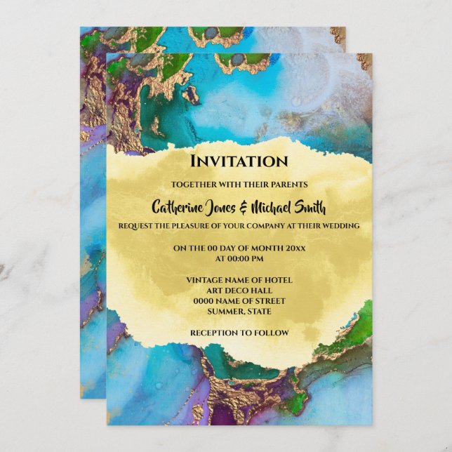 Geode peacock colours abstract agate modern chic invitation (Front/Back)