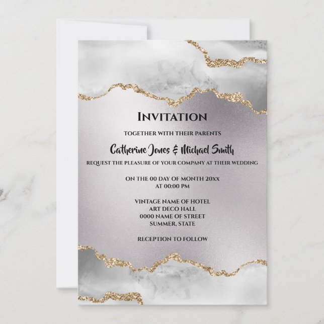 Geode watercolor gold silver agate wedding invitation (Front)