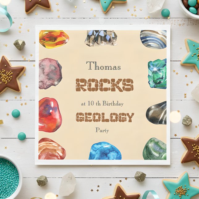 Geology birthday party rocks gemstone napkin (Creator Uploaded)
