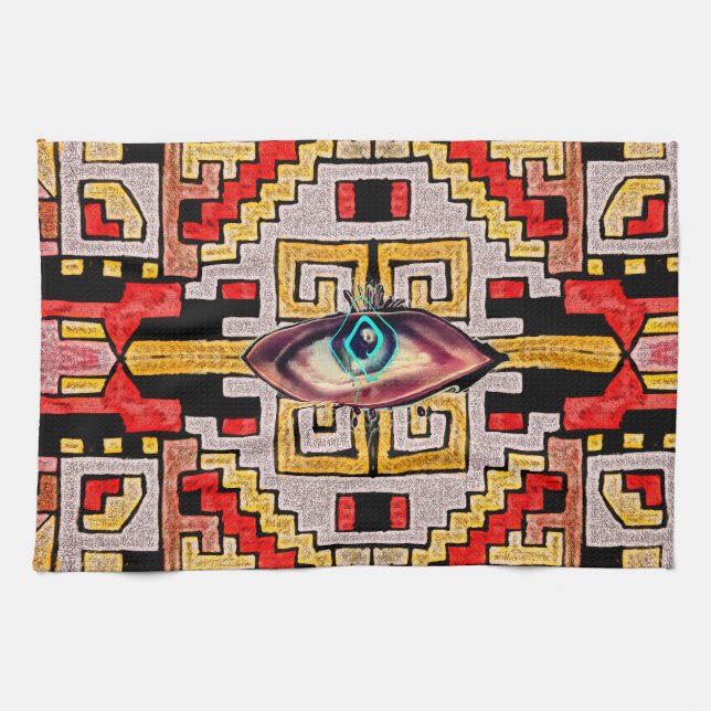 Geomethric Tribal/Ethnic Pattern with Eye Tea Towel (Horizontal)