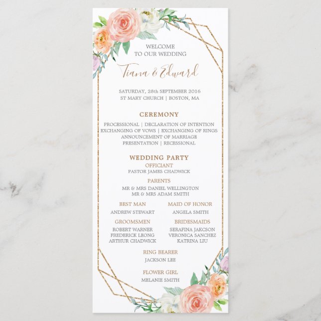 Geometri Watercolor Flowers Wedding Timeline Programme (Front)