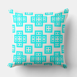 Geometric 030614 - Cyan on White Cushion