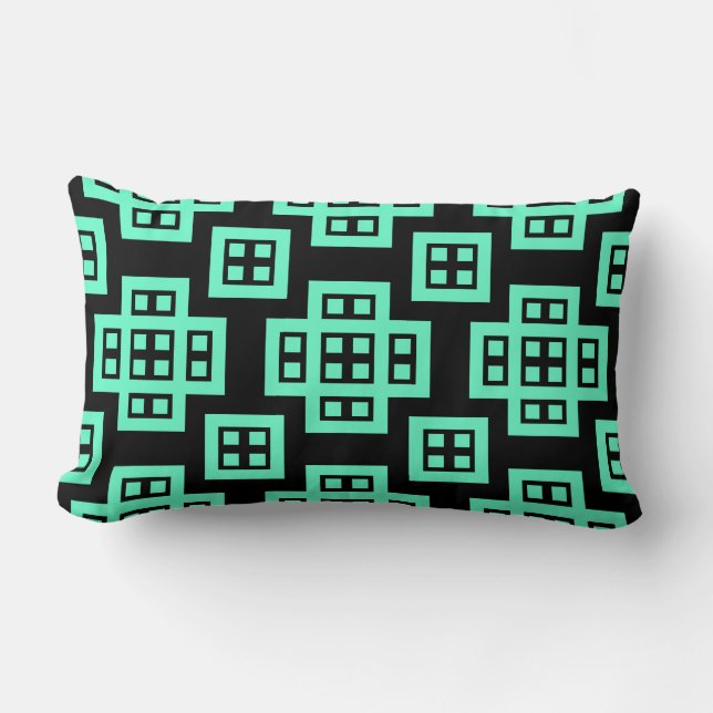 Geometric 030614 - Turquoise on Black Lumbar Cushion (Front)