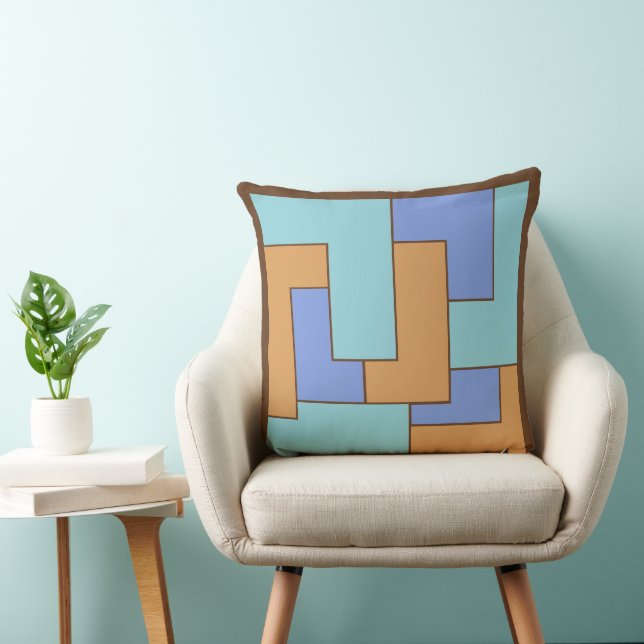 Geometric 1960s Calm Periwinkle Turquoise Camel Cushion (Chair)