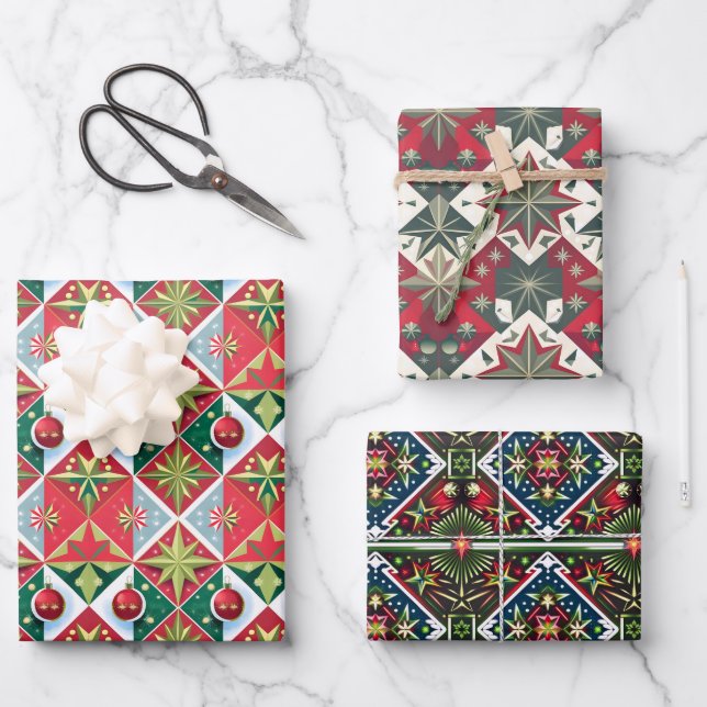 Geometric 50-60s Christmas colours red green white Wrapping Paper Sheet (Front)