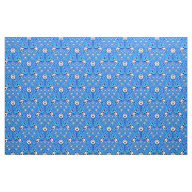 geometric 6-point white flowers on blue fabric (Fat Quarter)