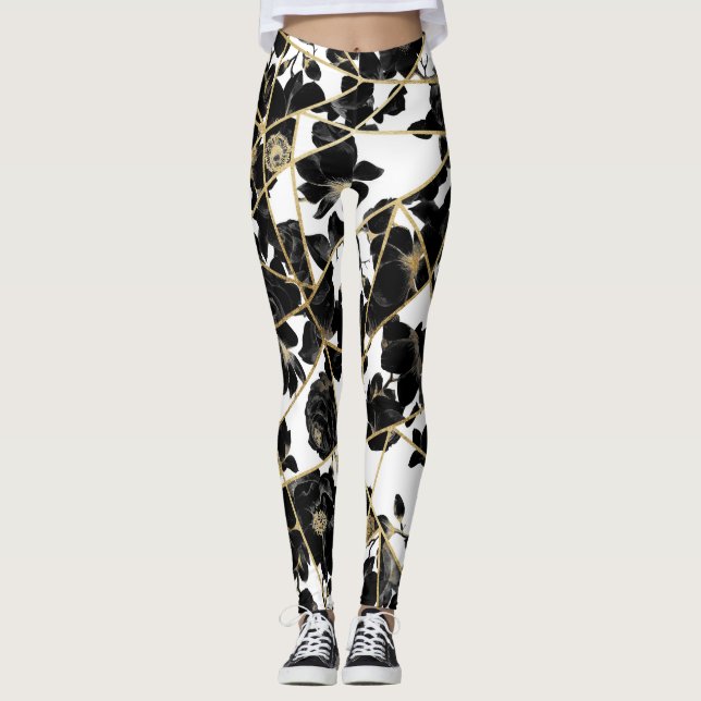 Geometric Abstract Black Floral Gold Triangles Leggings (Front)