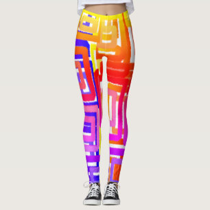 Geometric Abstract Blocks Pink Yellow Purple Red Leggings