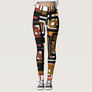Geometric Abstract Blocks Rust Black Brown White Leggings