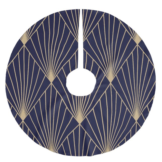 Geometric Abstract Dark Blue Gold Brushed Polyester Tree Skirt (Front)
