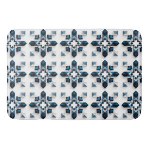 Geometric Abstract Design in Blue and White Bath Mat