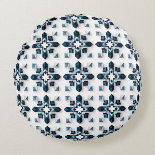 Geometric Abstract Design in Blue and White Round Cushion