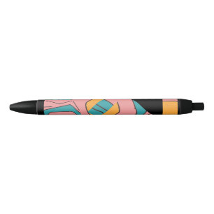 Geometric Abstract Design Turquoise, Gold, Pink Black Ink Pen