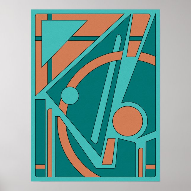 Geometric Abstract in Teal and Coral Poster (Front)