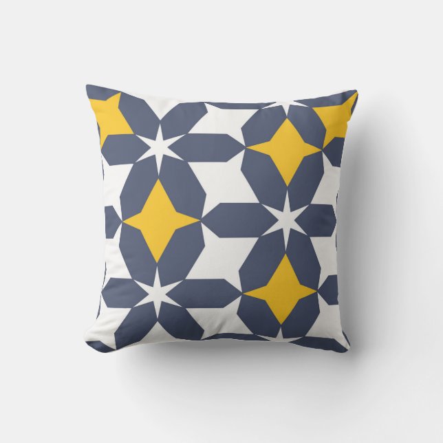 Geometric, abstract, navy blue, white, yellow cushion (Front)