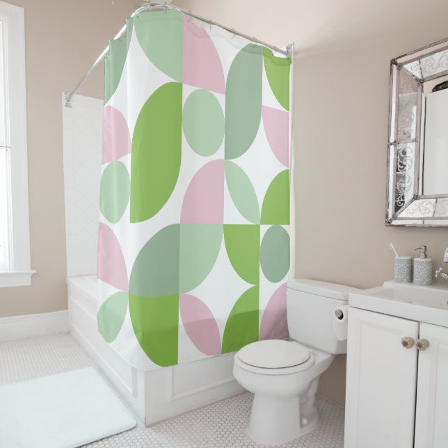 Geometric Abstract Pattern Pink and Green Shower Curtain (In Situ)