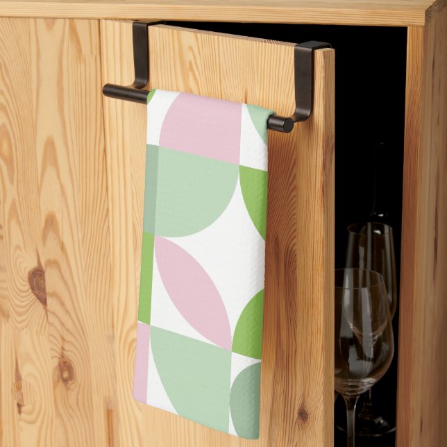 Geometric Abstract Pattern Pink and Green Tea Towel (Thirds Fold)