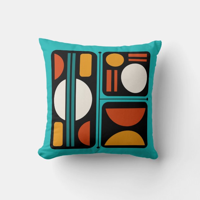 Geometric Abstract Retro Art Turquoise Orange Cushion (Front)