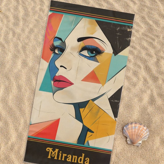 Geometric Abstract Woman with Aqua Eyes Beach Towel (Creator Uploaded)