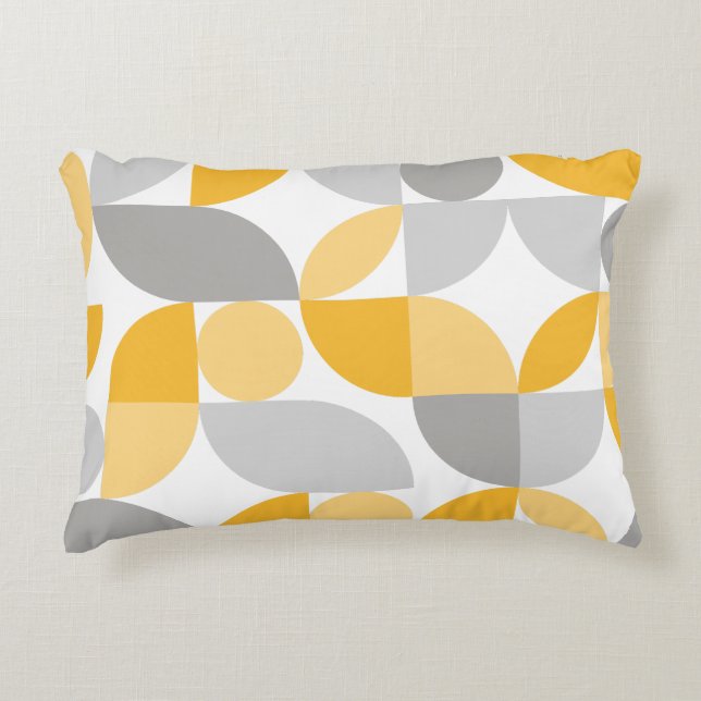 Geometric Abstract Yellow Grey Mid Century Modern Decorative Cushion (Front)