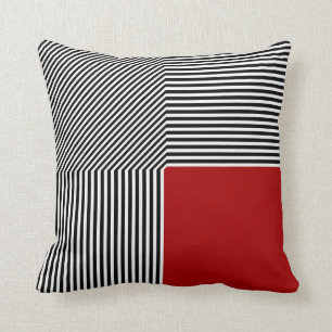 Geometric abstraction, B/W stripes red square Cushion