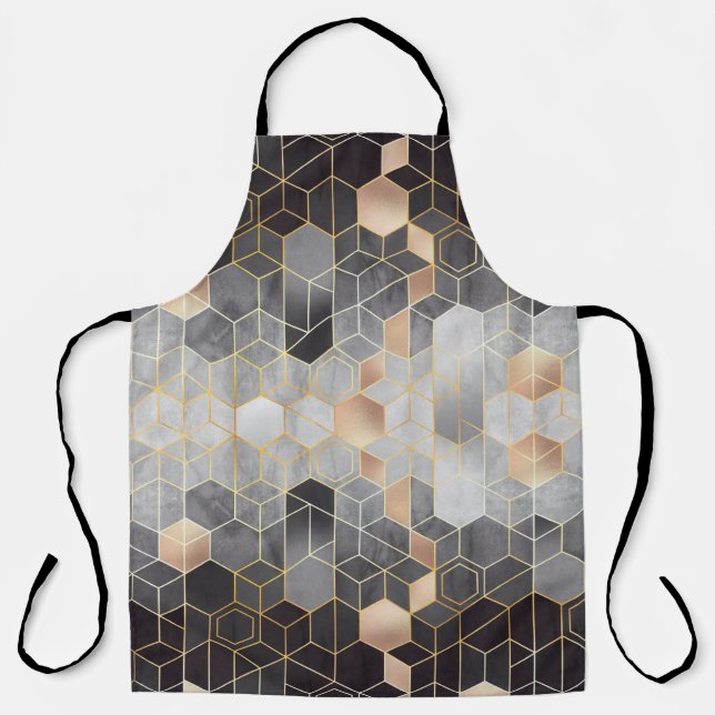 Geometric abstraction of hexagons on a black and w apron (Front)