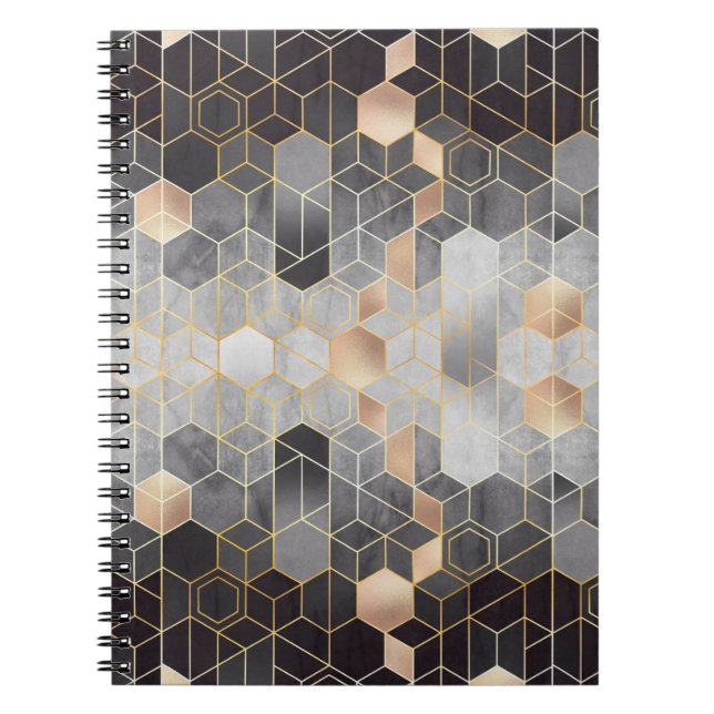 Geometric abstraction of hexagons on a black and w notebook (Front)