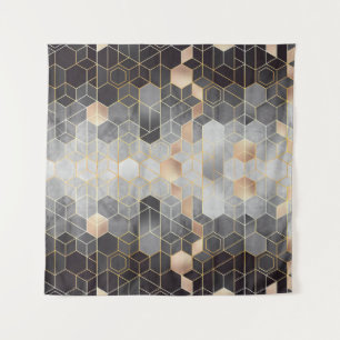 Geometric abstraction of hexagons on a black and w tapestry
