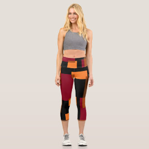 Geometric Abstraction Red Orange Brown Black Capri Leggings
