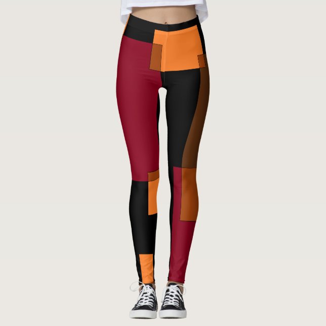 Geometric Abstraction Red Orange Brown Black  Leggings (Front)