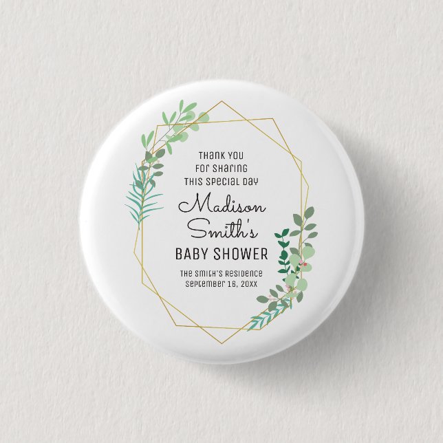 Geometric and Greenery Baby Shower Party Favour 3 Cm Round Badge (Front)